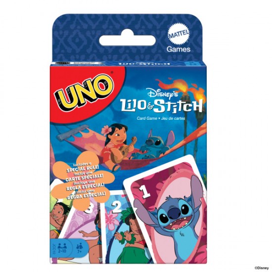 UNO Lilo & Stitch card game packaging with Disney characters on a white background