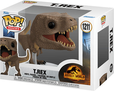 Funko Pop! T-Rex figure in packaging with 'Jurassic World' branding