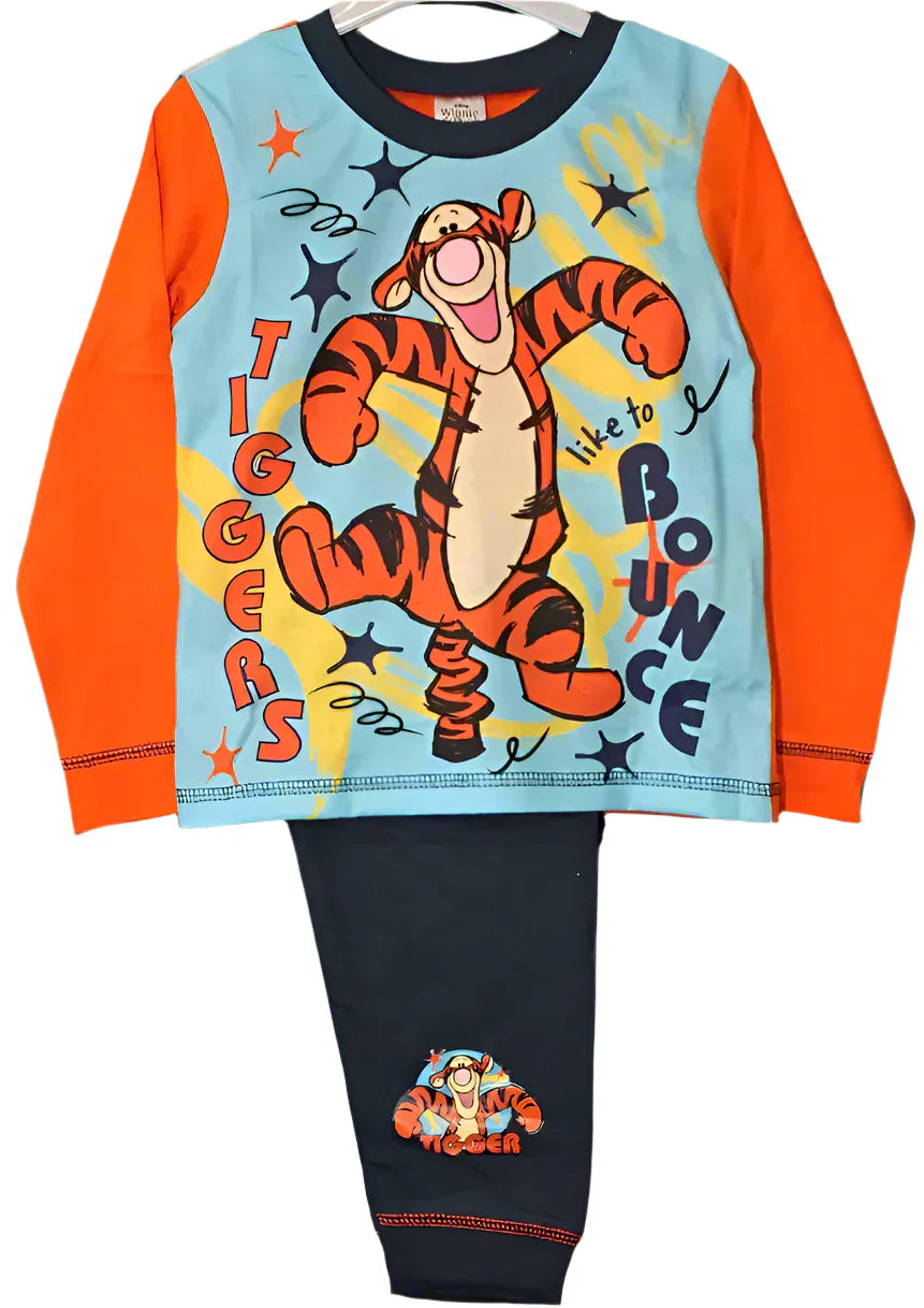 Children's pajama set with Tigger character on a light blue shirt and navy pants.