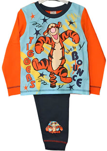 Children's pajama set with Tigger character on a light blue shirt and navy pants.