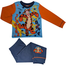 Children's pajama set with Tigger design on a blue shirt and navy pants.
