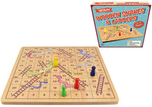 Wooden Snakes and Ladders game set with pieces and box on a white background