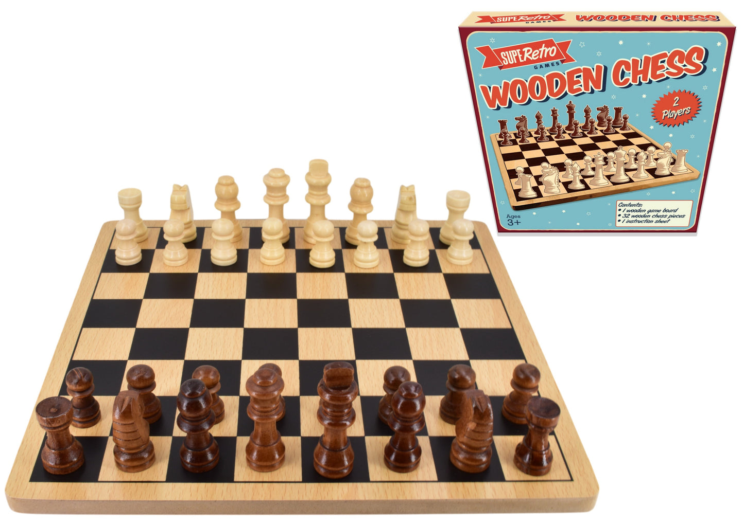 Wooden chess set with pieces and board, including a retro-style packaging box.