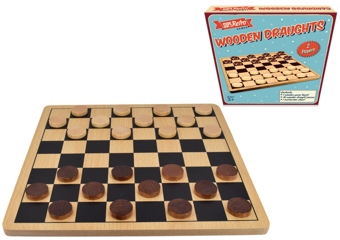 Wooden draughts set with pieces and board, including packaging on a white background