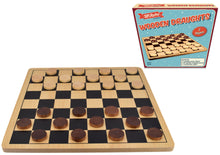 Wooden draughts set with pieces and board, including packaging on a white background