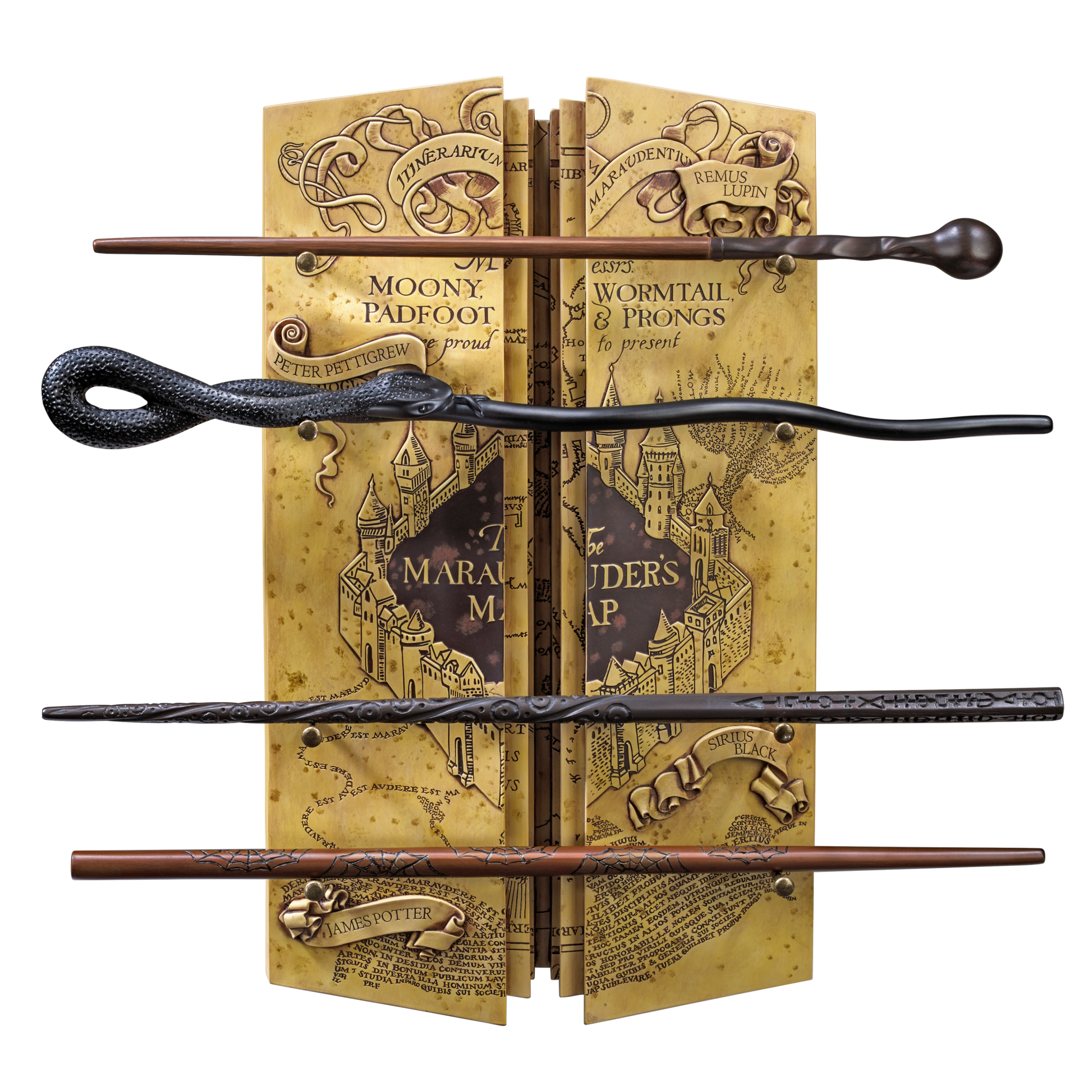 Four wizarding wands on a book with magical map design
