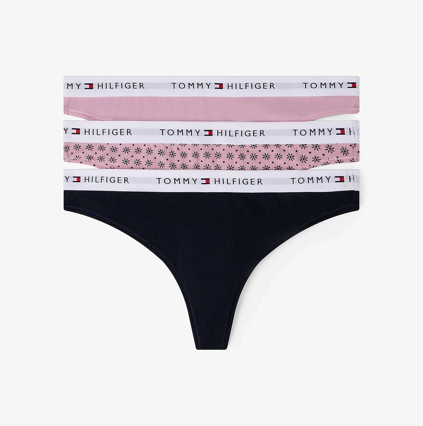 Black thong with floral and solid color waistbands on a white background, featuring Tommy Hilfiger branding.