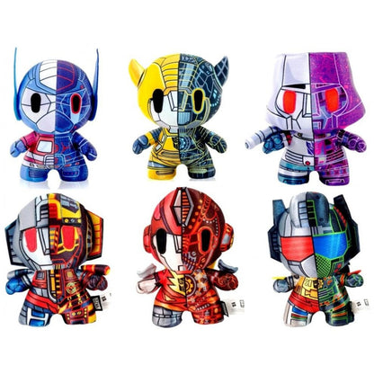 Six colorful robot-themed figurines on a white background
