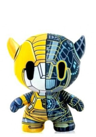 Toy figure with a split design, half yellow and half blue with patterns.