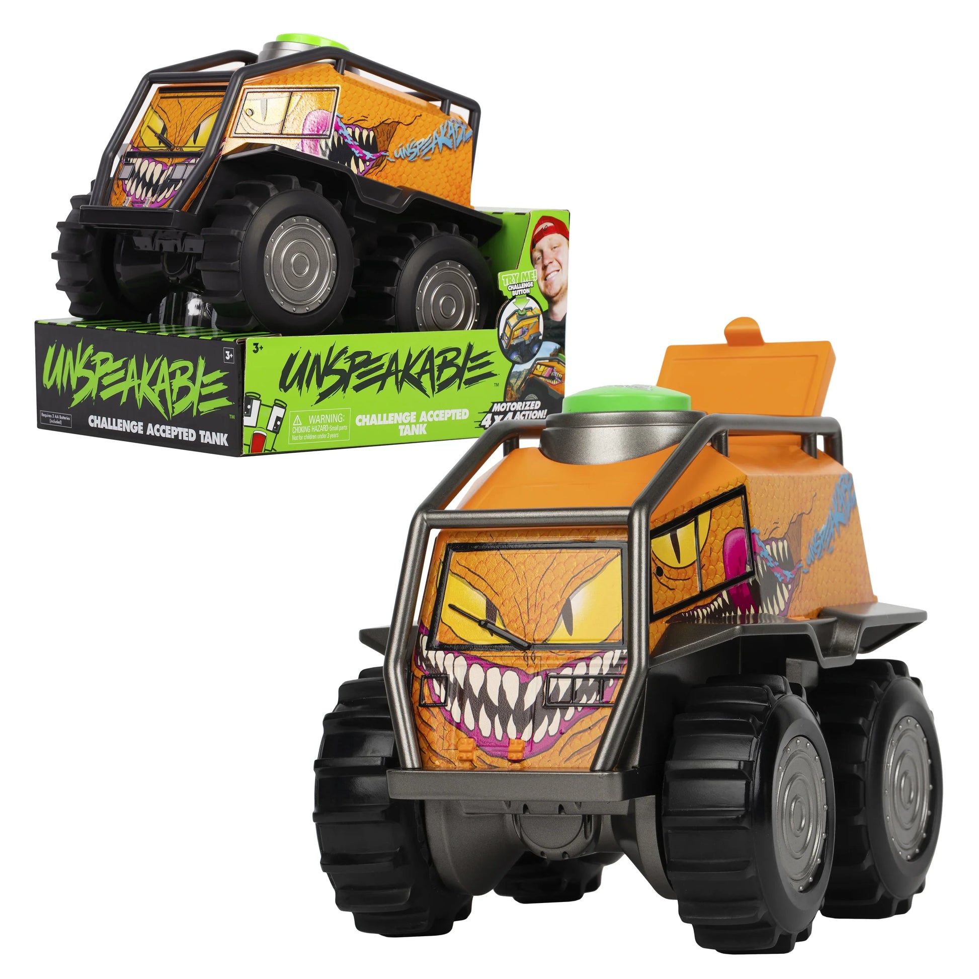 Toy monster truck with a smiling face design, featuring the 'Unspeakable' brand packaging.