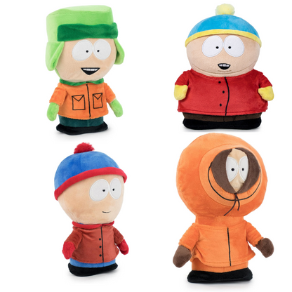 Four South Park plush toys on a white background