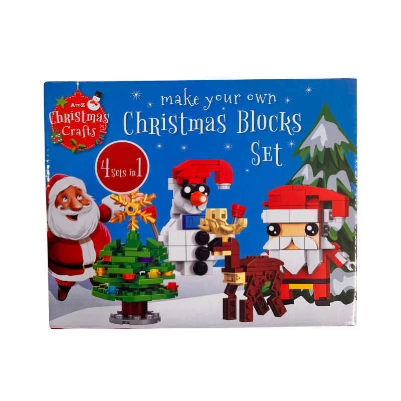 Box of Christmas-themed building blocks set with Santa Claus, snowman and tree on a blue background.