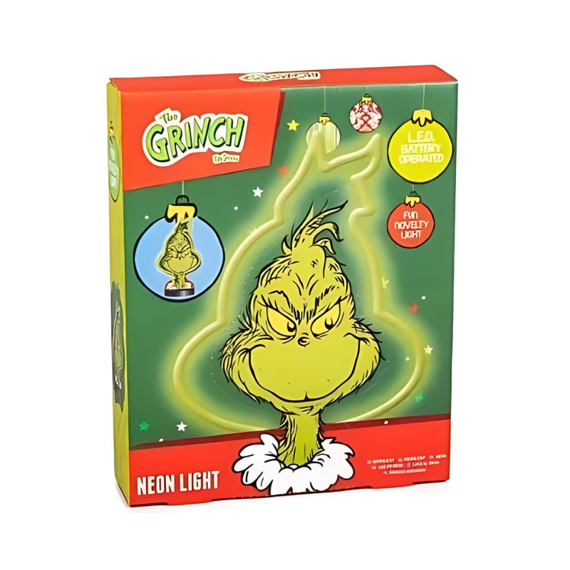 Neon light packaging featuring The Grinch by Dr Seuss with a red and green design.