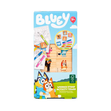 Bluey wooden stamp activity tower packaging on a white background