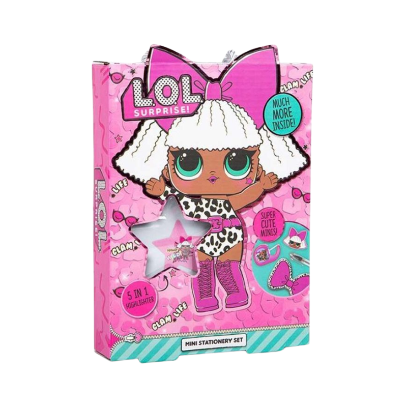 LOL Surprise! doll packaging with a doll illustration on a pink background
