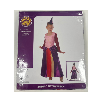 Children's witch costume packaging with a purple and pink dress on a white background