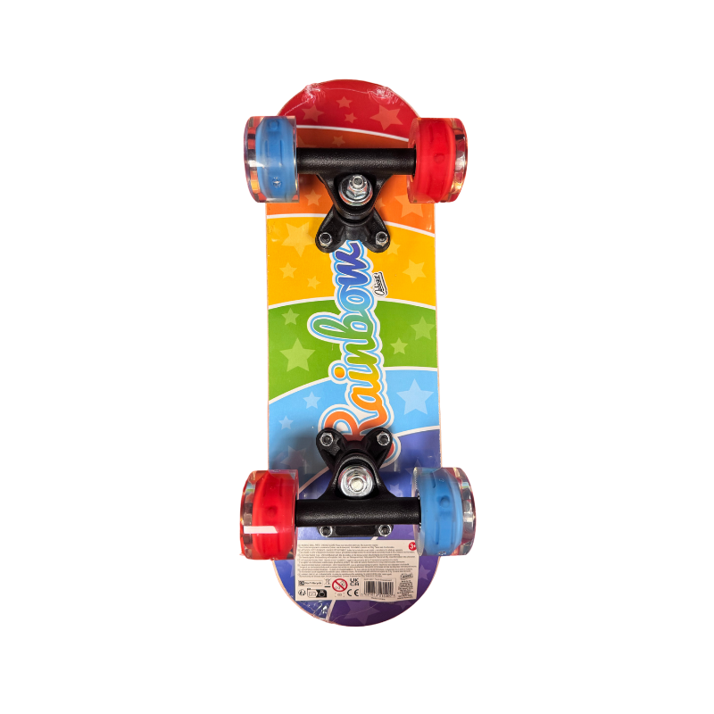 Colorful skateboard with rainbow design and 'Rainbow' branding on a white background