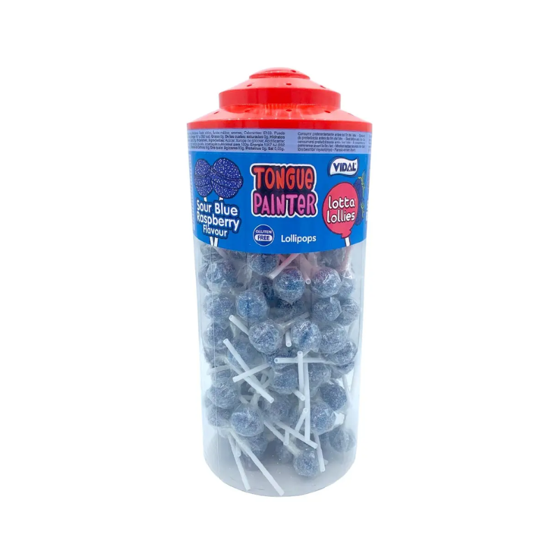 Tub of blue lollipops with a red lid on a white background