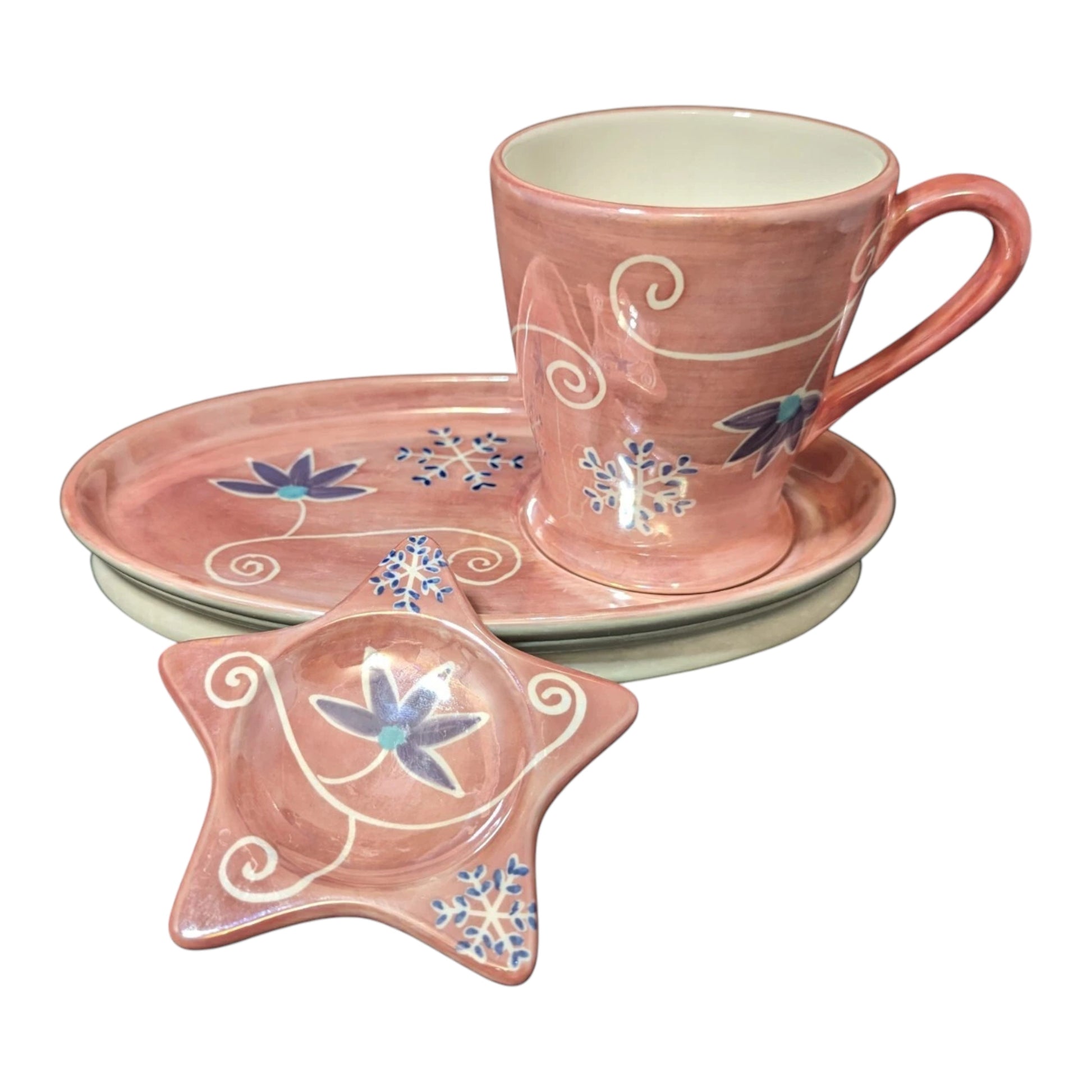 Rare Whittard of Chelsea 2004 Snowflake Pink Lustre mug, biscuit plate & tea tidy. Small chip on mug base, does not affect use. Shop at New, Used and More!