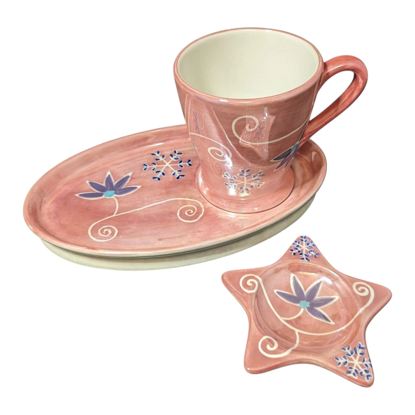 Rare Whittard of Chelsea 2004 Snowflake Pink Lustre mug, biscuit plate & tea tidy. Small chip on mug base, does not affect use. Shop at New, Used and More!