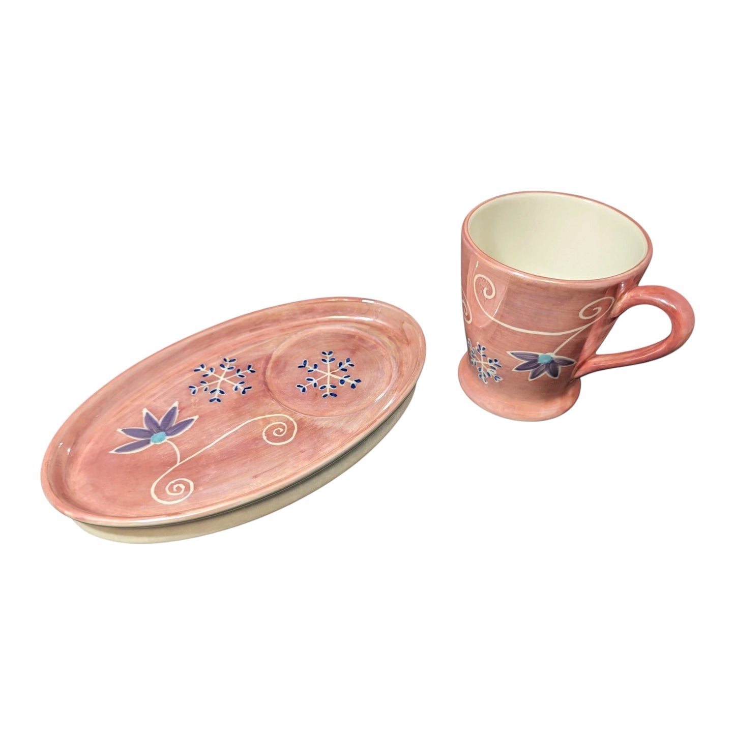 Rare Whittard of Chelsea 2004 Snowflake Pink Lustre mug, biscuit plate & tea tidy. Small chip on mug base, does not affect use. Shop at New, Used and More!