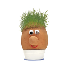 Cartoonish plant pot with grass hair, googly eyes, and a smiley face on a white background