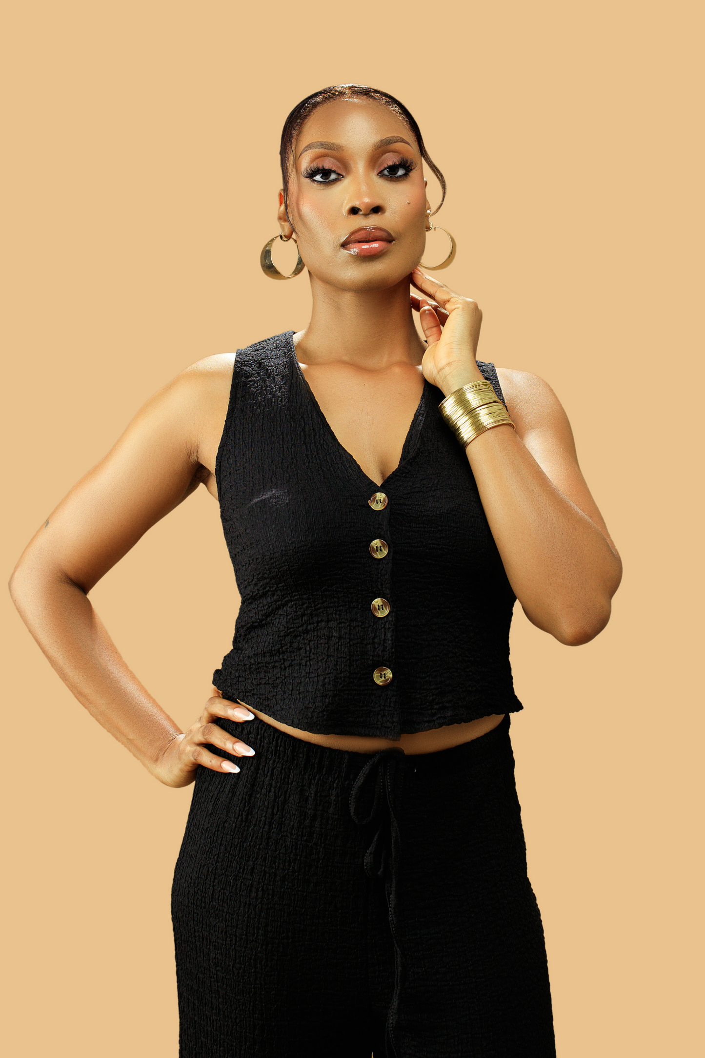 Textured V-Neck Button-Up Waistcoat Co-ord Set