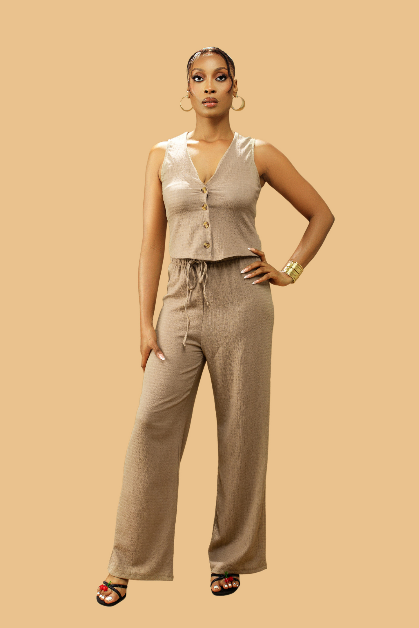 Textured V-Neck Button-Up Waistcoat Co-ord Set