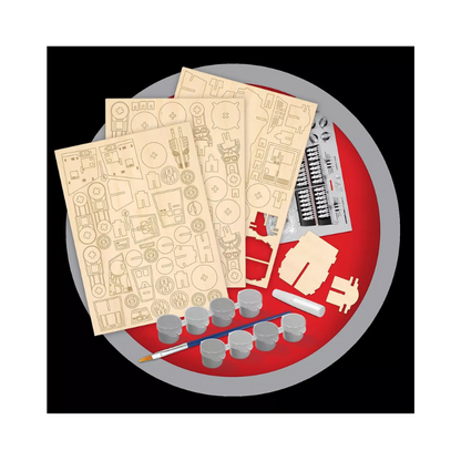 Model building kit with paper templates, plastic parts, and tools on a red and gray background