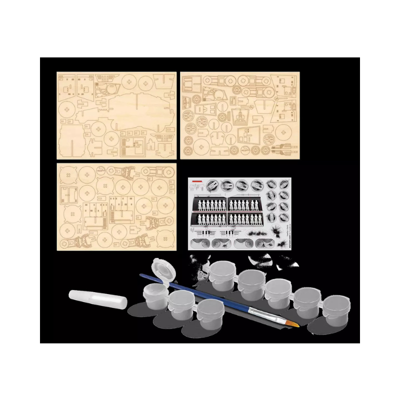 Model building kit with wooden parts, paint pots, and tools on a black background