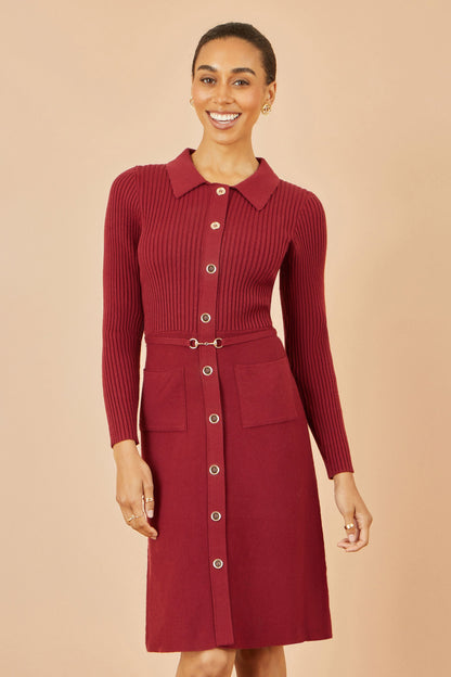 Burgundy Rib Knit Midi Shirt Dress With Snaffle Belt