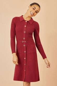 Burgundy Rib Knit Midi Shirt Dress With Snaffle Belt