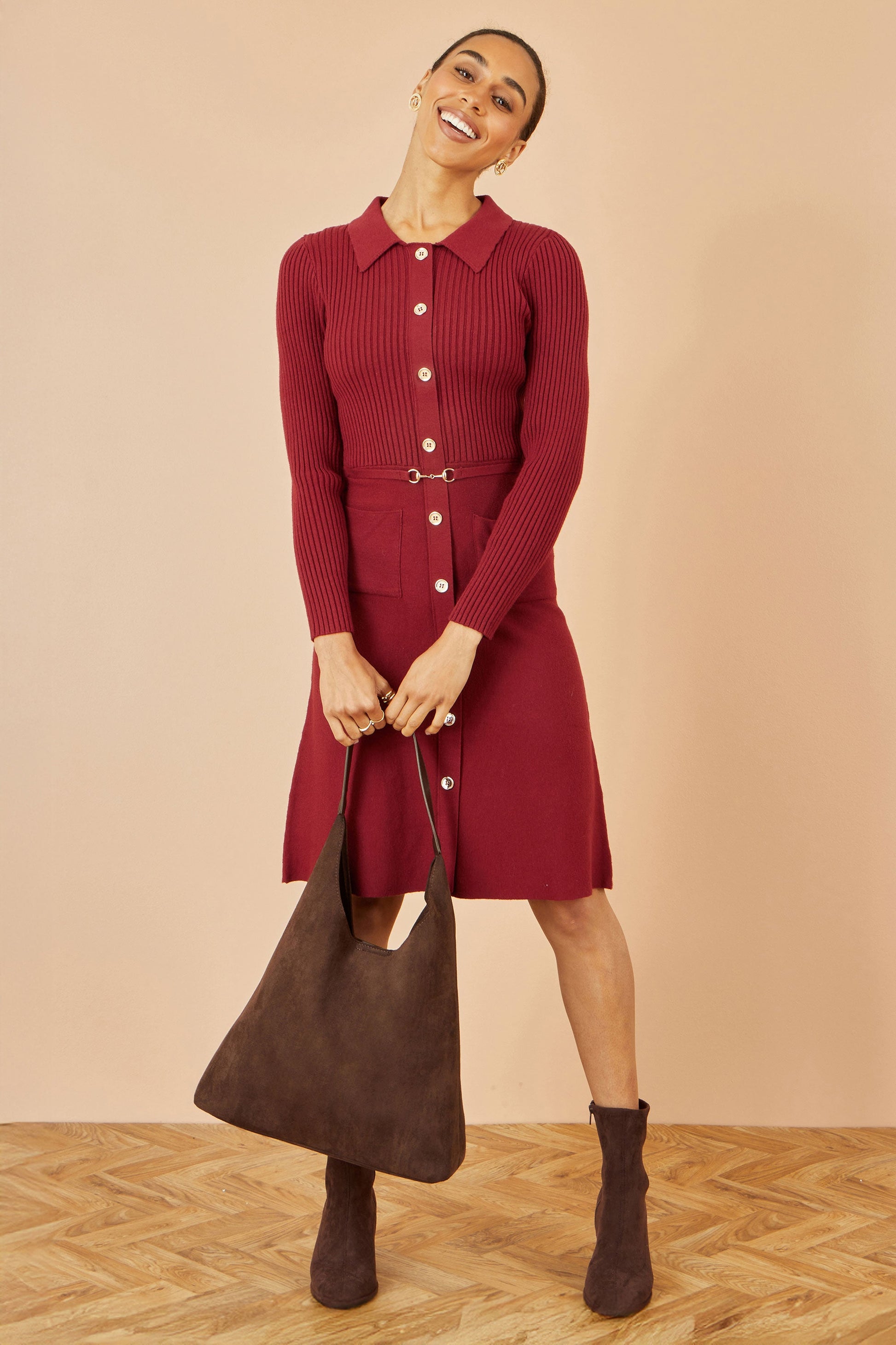 Burgundy Rib Knit Midi Shirt Dress With Snaffle Belt