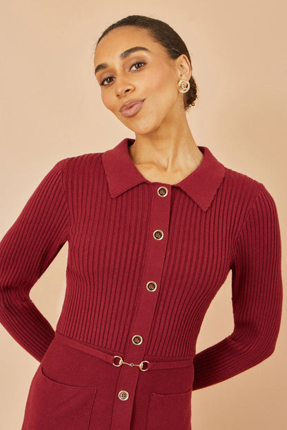 Burgundy Rib Knit Midi Shirt Dress With Snaffle Belt