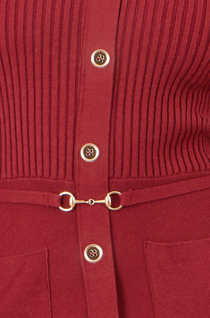Burgundy Rib Knit Midi Shirt Dress With Snaffle Belt