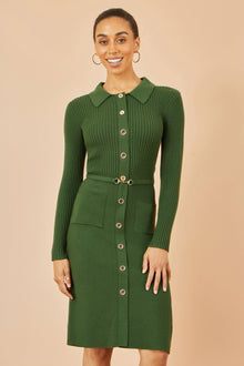Green Rib Knit Midi Shirt Dress With Snaffle Belt