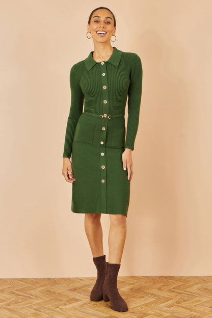 Green Rib Knit Midi Shirt Dress With Snaffle Belt