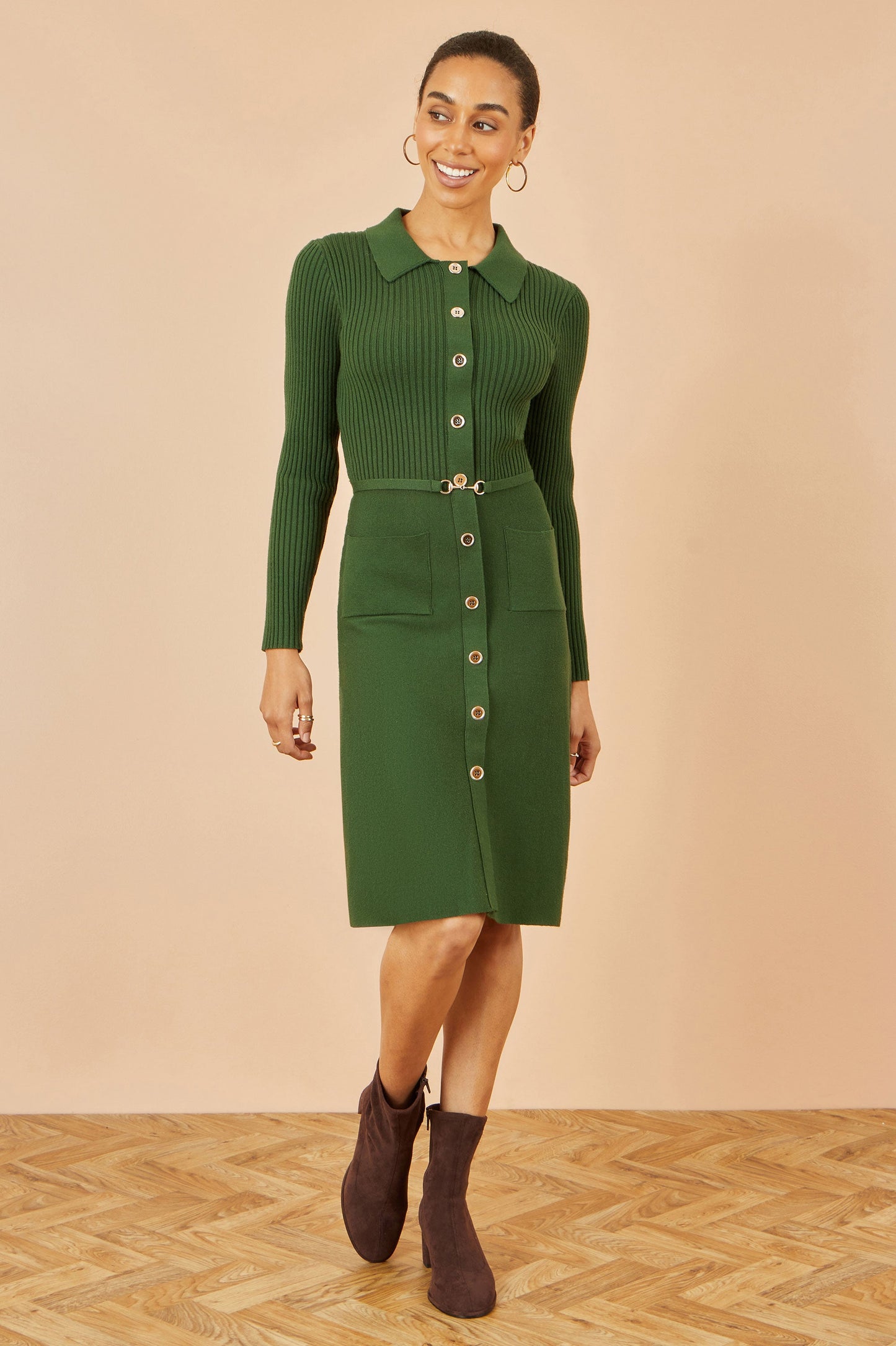 Green Rib Knit Midi Shirt Dress With Snaffle Belt