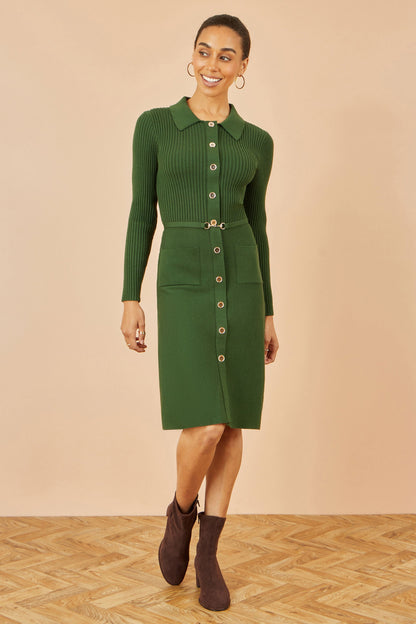 Green Rib Knit Midi Shirt Dress With Snaffle Belt
