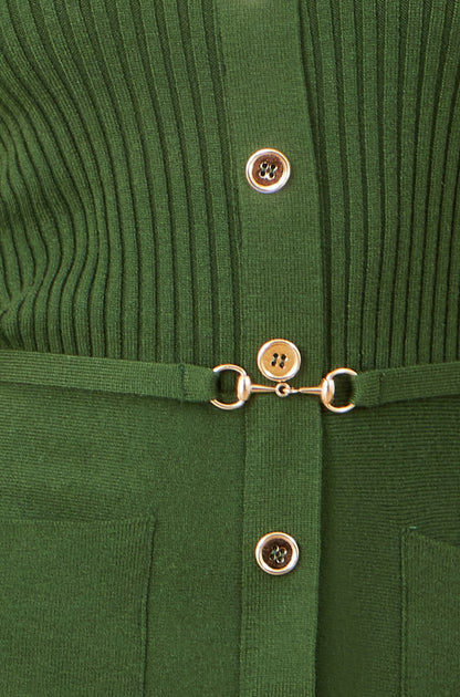 Green Rib Knit Midi Shirt Dress With Snaffle Belt