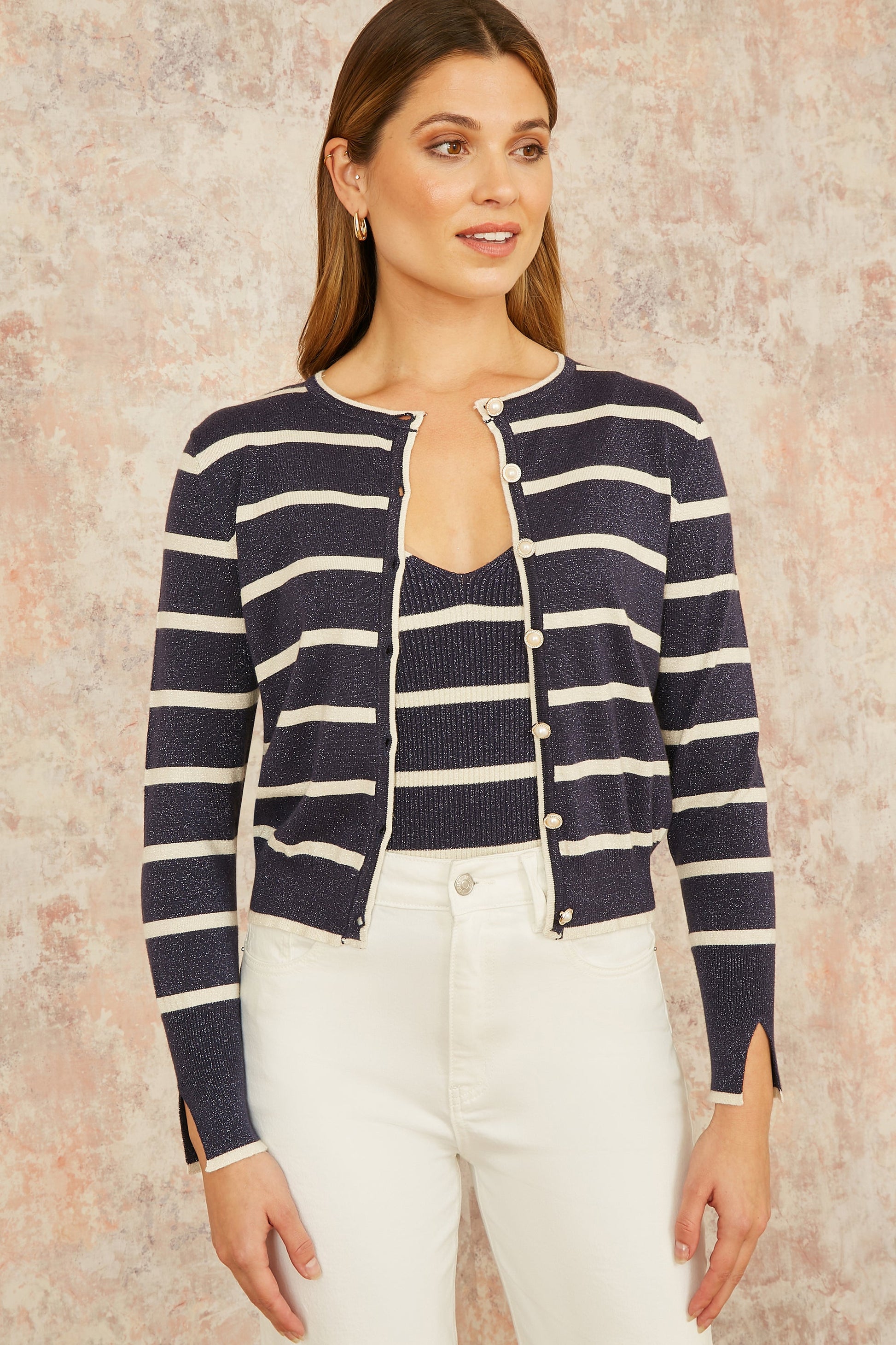 Navy Striped Sparkle Knitted Cardigan