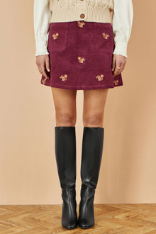 Burgundy Corduroy Embroidered Squirrel Mini Skirt