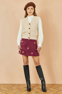 Burgundy Corduroy Embroidered Squirrel Mini Skirt