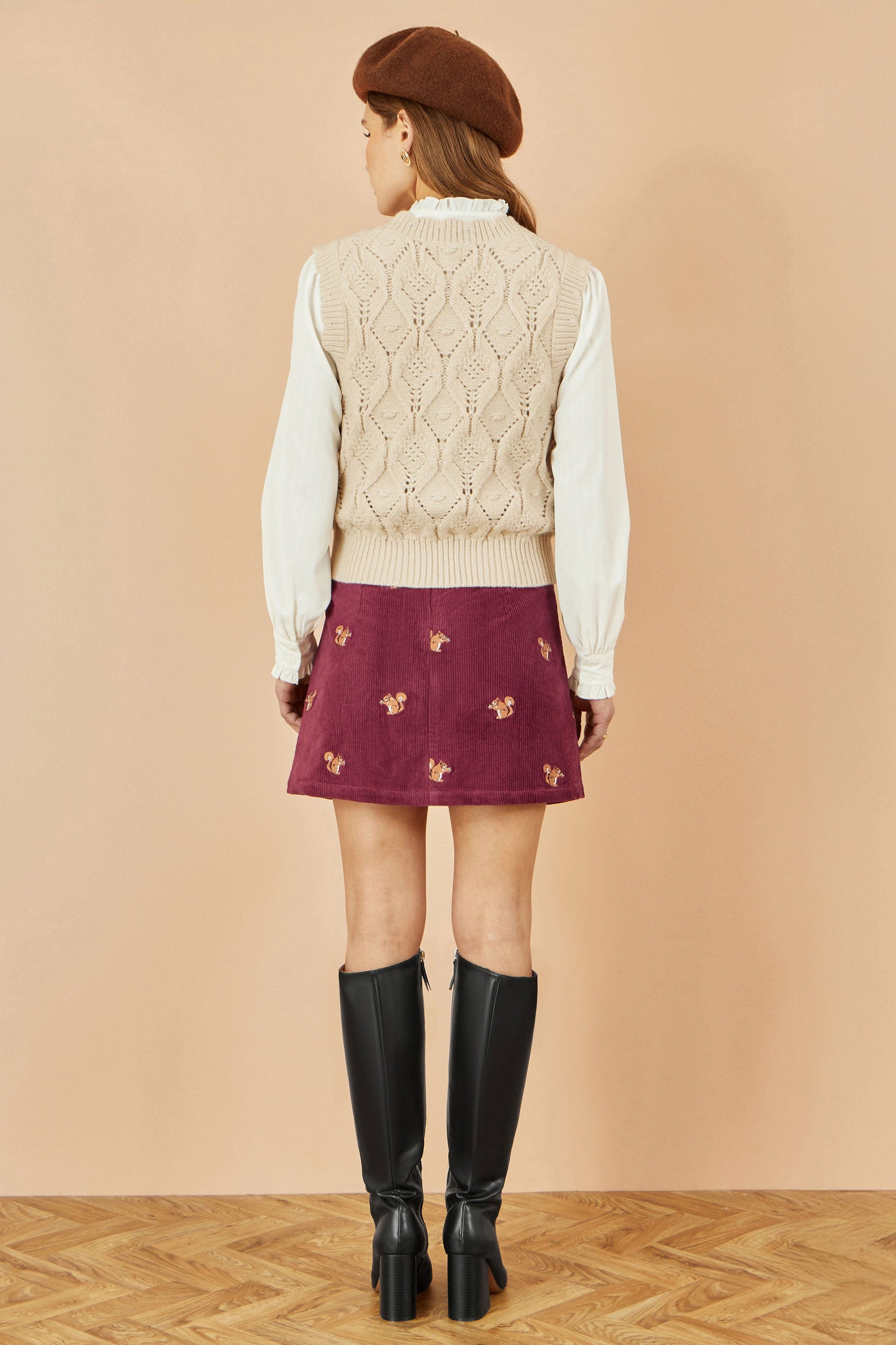 Burgundy Corduroy Embroidered Squirrel Mini Skirt