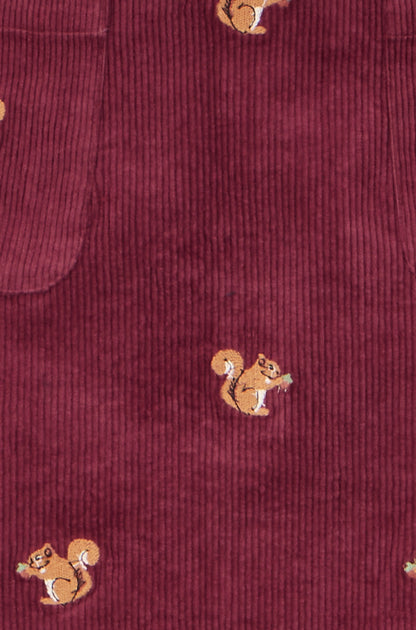 Burgundy Corduroy Embroidered Squirrel Mini Skirt