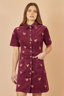 Burgundy Cord Shirt Dress With All Over Squirrel Embroidery