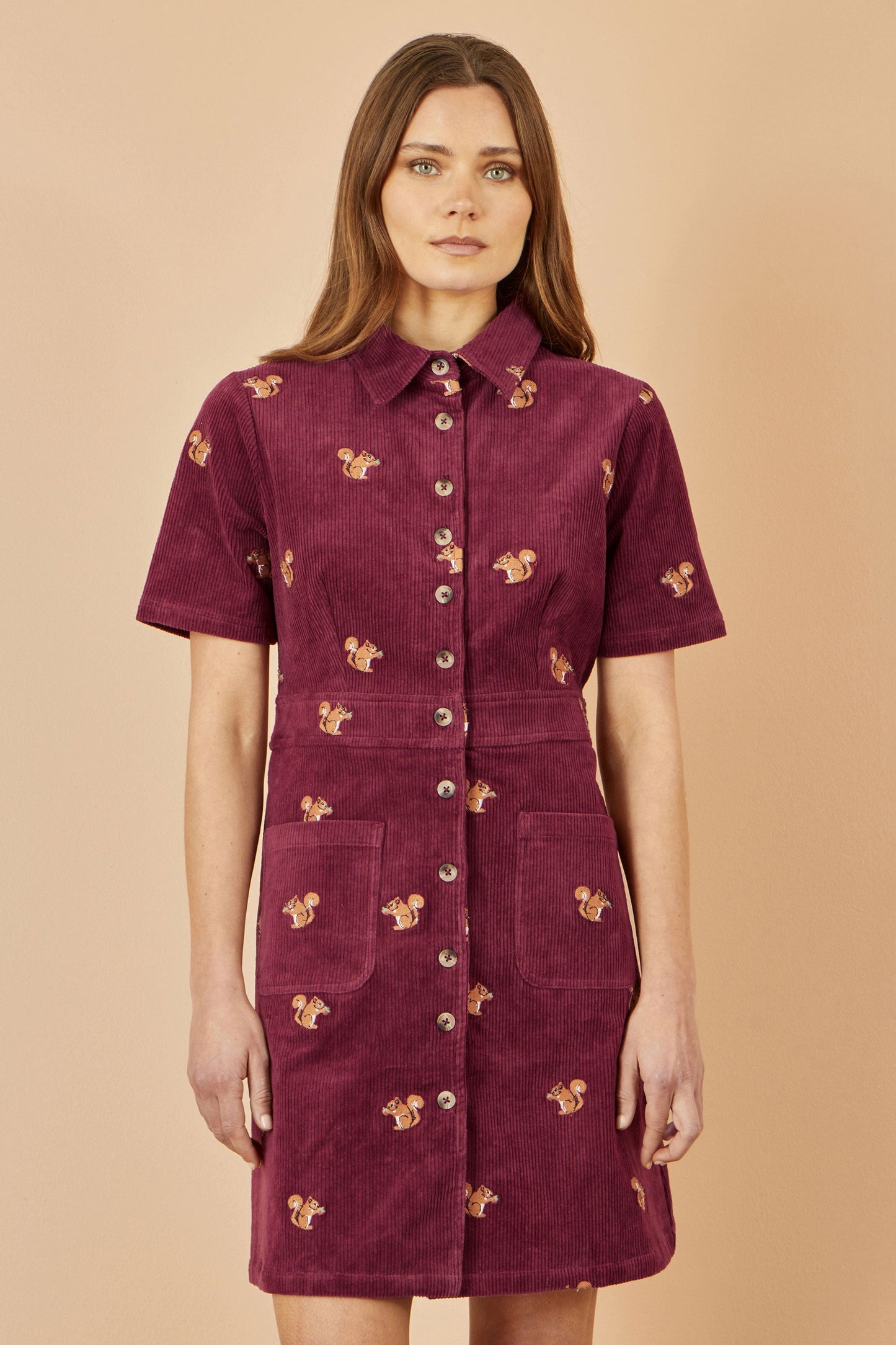 Burgundy Cord Shirt Dress With All Over Squirrel Embroidery