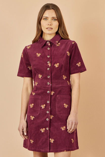 Burgundy Cord Shirt Dress With All Over Squirrel Embroidery