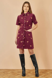 Burgundy Cord Shirt Dress With All Over Squirrel Embroidery