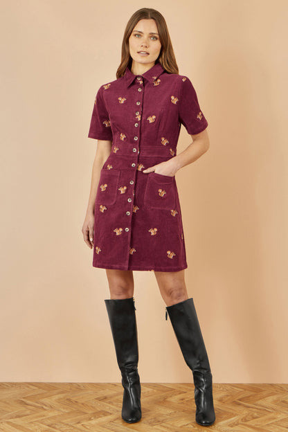 Burgundy Cord Shirt Dress With All Over Squirrel Embroidery
